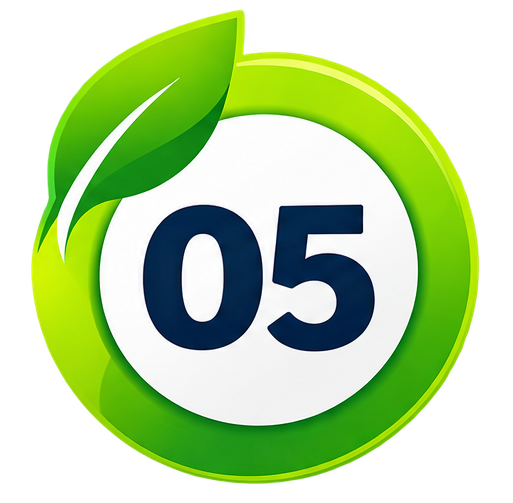 Logotipo circular con número 05 en el centro, rodeado de hojas verdes sobre fondo blanco.