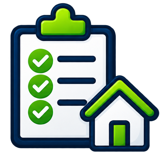 Lista de verificación con marcas de verificación en un portapapeles y una casa pequeña al lado.