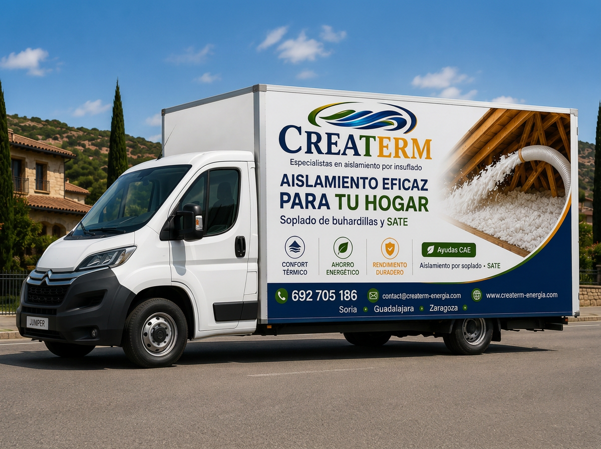 Camión de empresa de aislamiento con logotipo de CreateTerm y publicidad en el costado, que señala especialización en aislamiento térmico para viviendas con diferentes tecnologías y contacto.