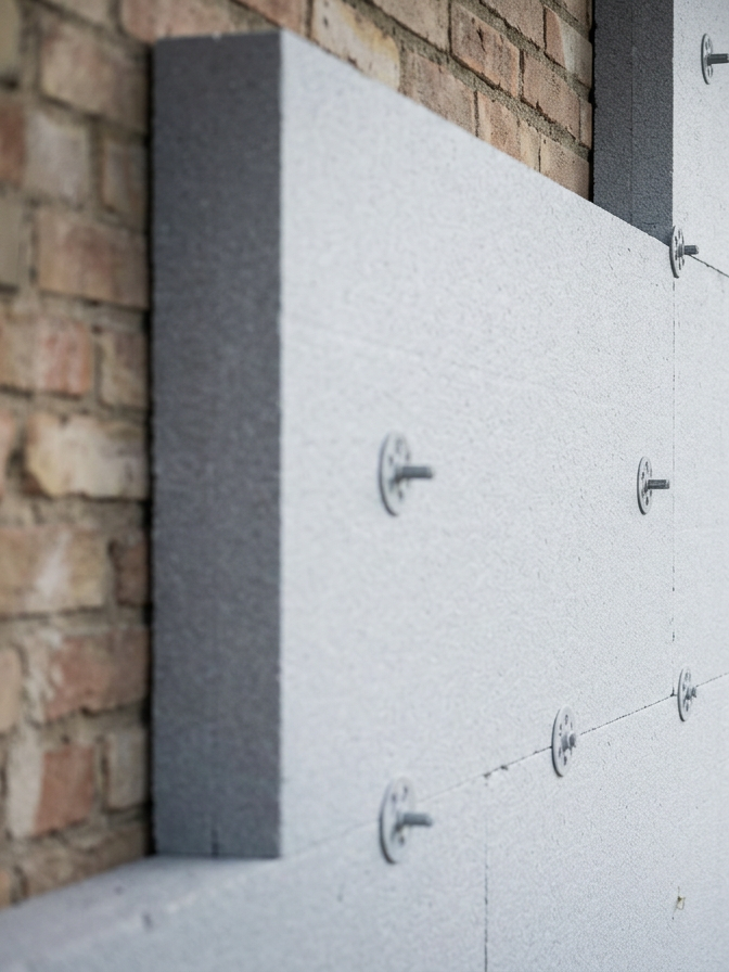 Panel de aislamiento de espuma instalada en la pared exterior de un edificio con tornillos.