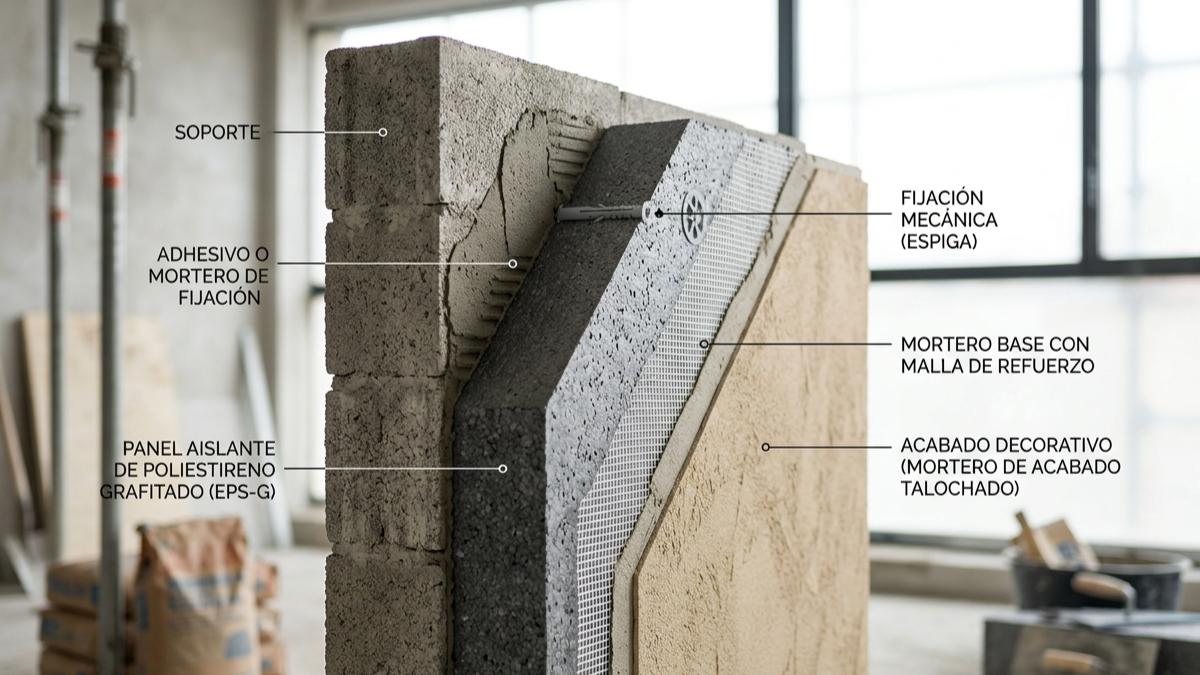Corte transversal de una pared con diferentes capas de materiales de construcción, incluyendo soporte, panel aislante de poliestireno grafitado, fijación mecánica, mortero base con malla de refuerzo, acabado decorativo, y adhesivo o mortero de fijación.