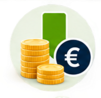 Monedas de oro apiladas, un gráfico de barras verde y un símbolo del euro en un fondo blanco.