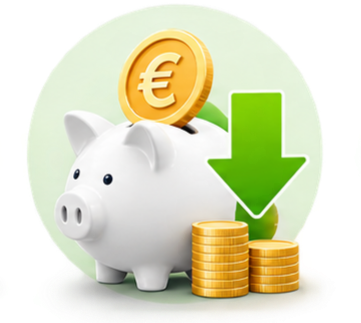 Cerdito hucha con monedas y símbolo de euro, flecha hacia abajo y monedas apiladas, representando ahorro o reducción de gastos.