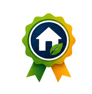 Logotipo con una casa blanca en un círculo azul, rodeado por un borde con degradados en verde, amarillo y naranja, y una cinta con colores similares.