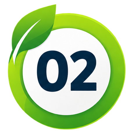 Número 02 en un fondo blanco rodeado por un círculo verde con una hoja en la parte superior izquierda.