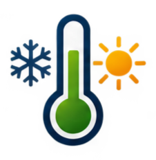 Ícono de termómetro con símbolos de frío y calor