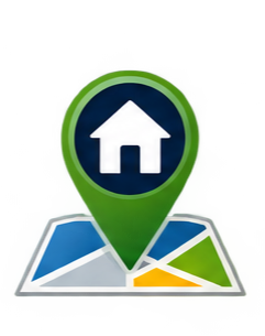 Icono de ubicación en un mapa con símbolo de casa.