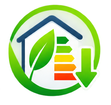 Icono de eficiencia energética con una hoja, una casa y una escala de colores de verde a rojo, con una flecha apuntando hacia abajo.
