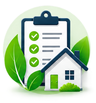 Lista de verificación en un portapapeles, rodeada de hojas verdes y una casa con un jardín, simbolizando control y mantenimiento del hogar.