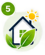 Ícono de eficiencia energética con una casa, hoja y sol, y el número 5 en la esquina superior izquierda.