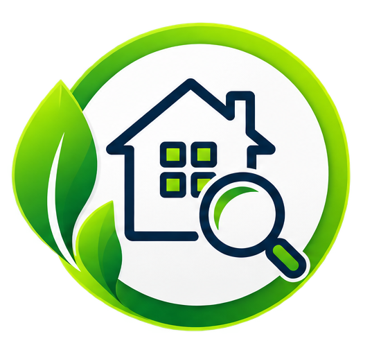 Logotipo de búsqueda de propiedades en un entorno ecológico, con un dibujo de una casa, una lupa y hojas verdes.