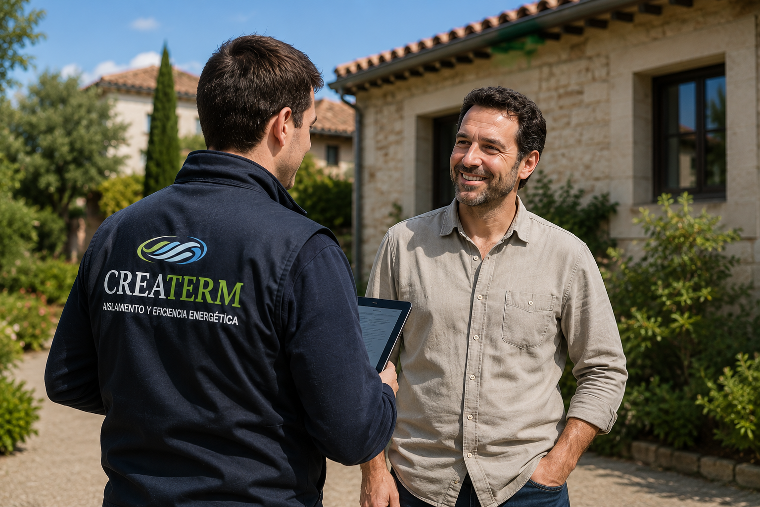 Dos hombres conversando afuera en un jardín, uno de ellos lleva una chaqueta con logotipo y texto que dice 'CREATERM' y 'Aislamiento y eficiencia energética'.
