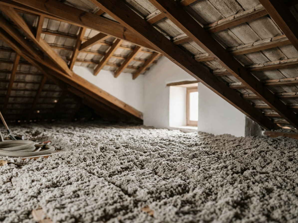 Interior de un ático en construcción con paredes de yeso, techo con vigas de madera y una superficie cubierta de material aislante en el suelo. Hay una ventana pequeña que deja entrar luz natural y una manguera enrollada en una esquina.