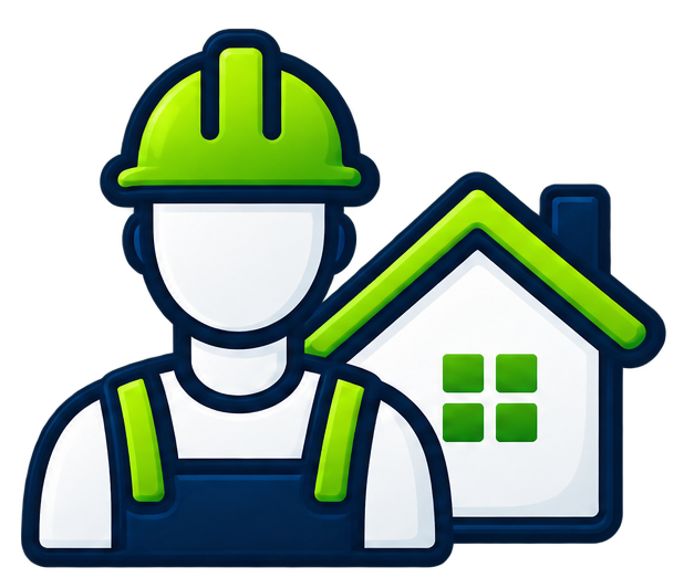 Icono de un trabajador de la construcción con casco y overol, junto a una casa.