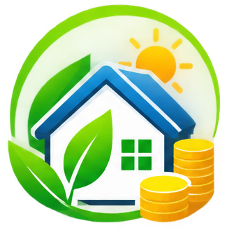 Ilustración de una casa con un árbol verde y monedas de oro, simbolizando economía y vivienda ecológica.