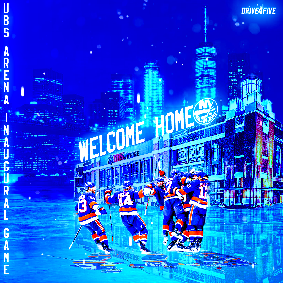 New York Islanders hockey players celebrating on ice with city skyscrapers and UBS Arena in the background, illuminated in blue, with 'Welcome Home' sign and Drive4Five logo.