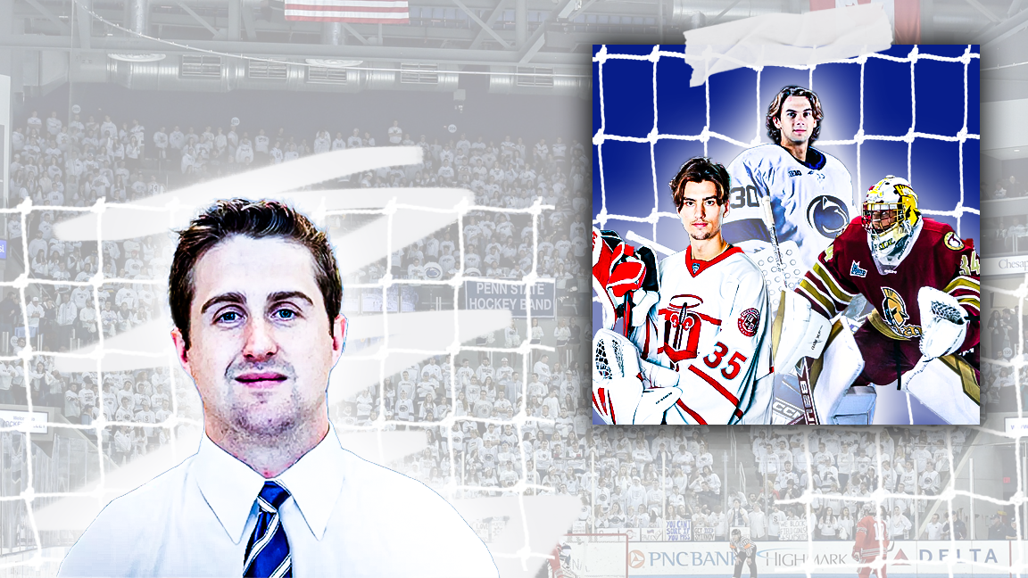 A computer-generated illustration of a man in a white shirt and striped tie with a hockey game scene in the background, overlaid with an image of three ice hockey players in front of a goal net.
