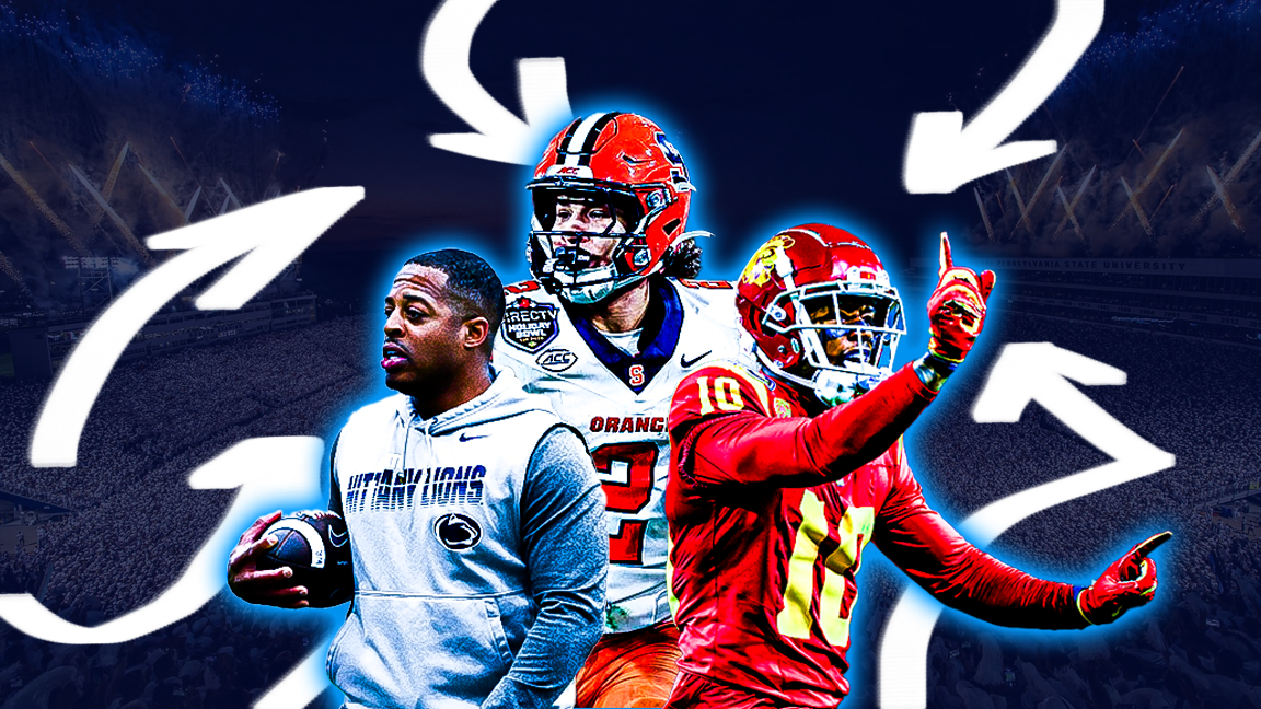 Collage of three football players in action, with white arrows pointing outward behind them, set against a dark stadium background.