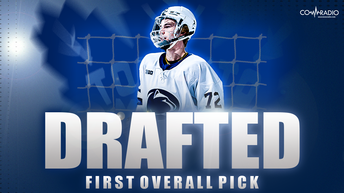 A hockey player in a white jersey with the number 72, wearing a helmet, standing in front of a goal net background. Text overlay says "DRAFTED FIRST OVERALL PICK." Logo on the top right corner reads "COACH RADIO."