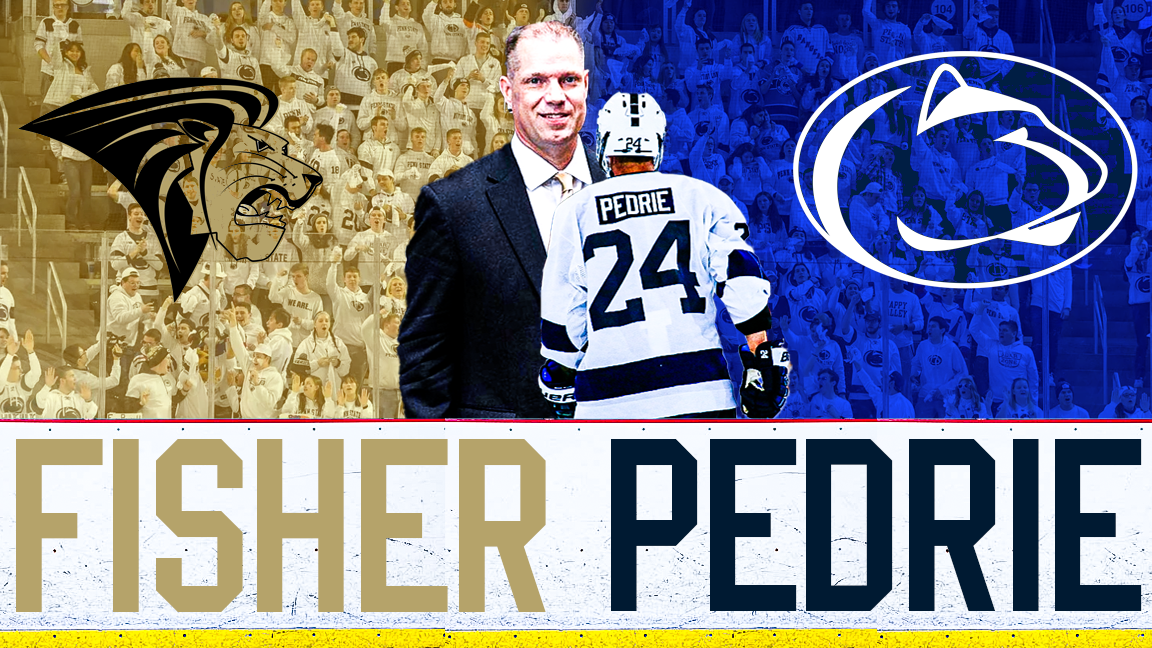 A hockey coach standing on the ice with a player number 24, surrounded by fans in the stands. The scene includes the logos of the Omaha Mavericks and Penn State Nittany Lions, with the words "Fisher Pedrie".