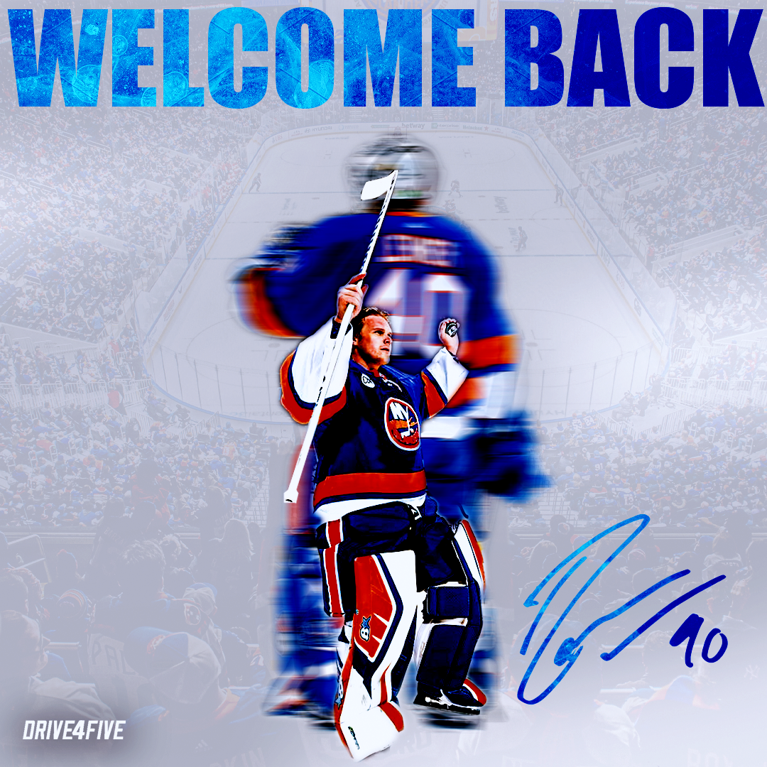 Ice hockey player in blue jersey holding a hockey stick, with a blurred larger player in the background, in front of an ice rink filled with fans, with the text 'WELCOME BACK' at the top and a signature at the bottom right.