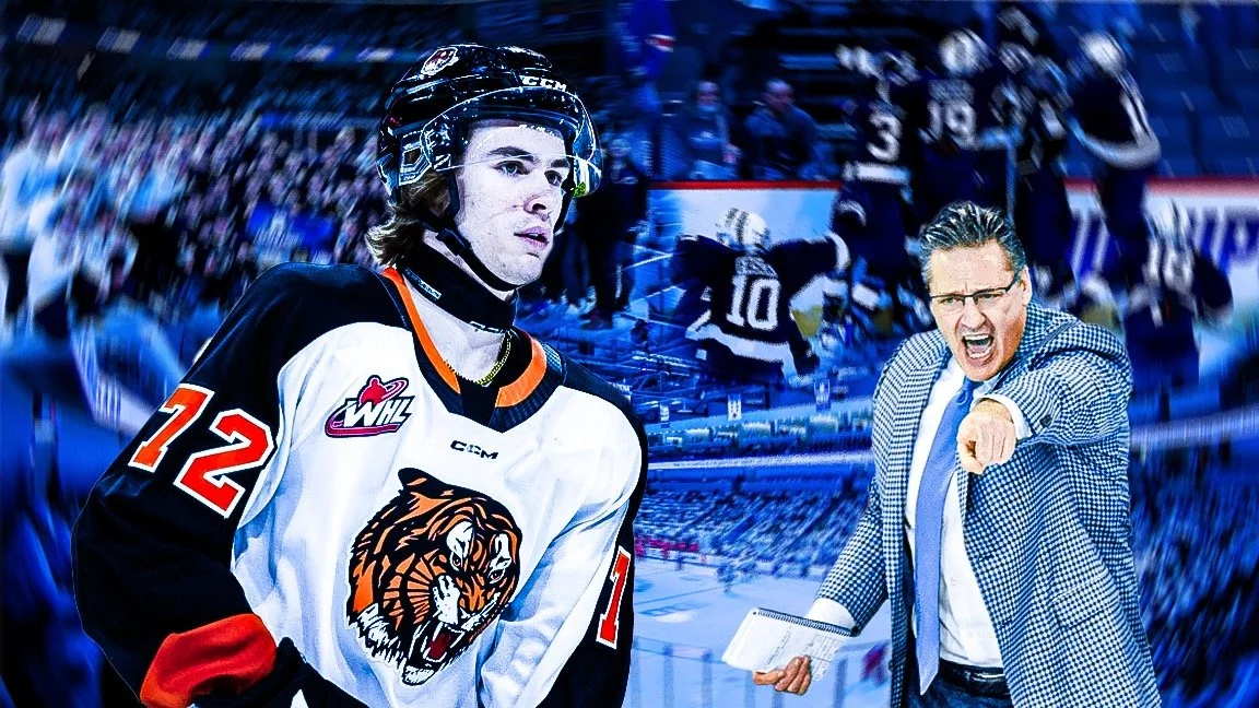 Hockey player in a jersey with a lion logo and a coach yelling and pointing on the bench.