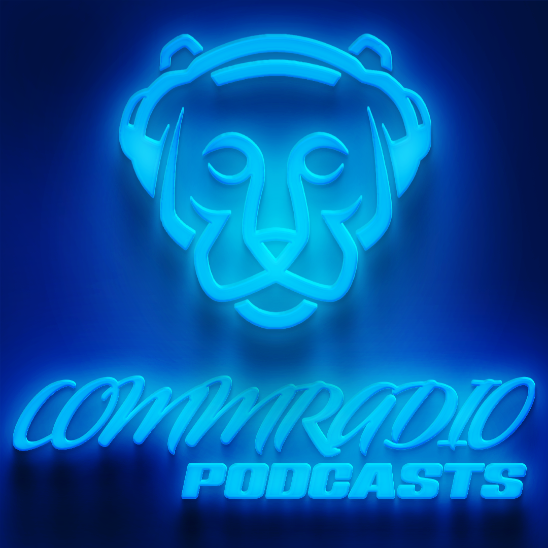 Neon sign of a lion's face with the words 'commrado podcasts' beneath it, all in bright blue light.