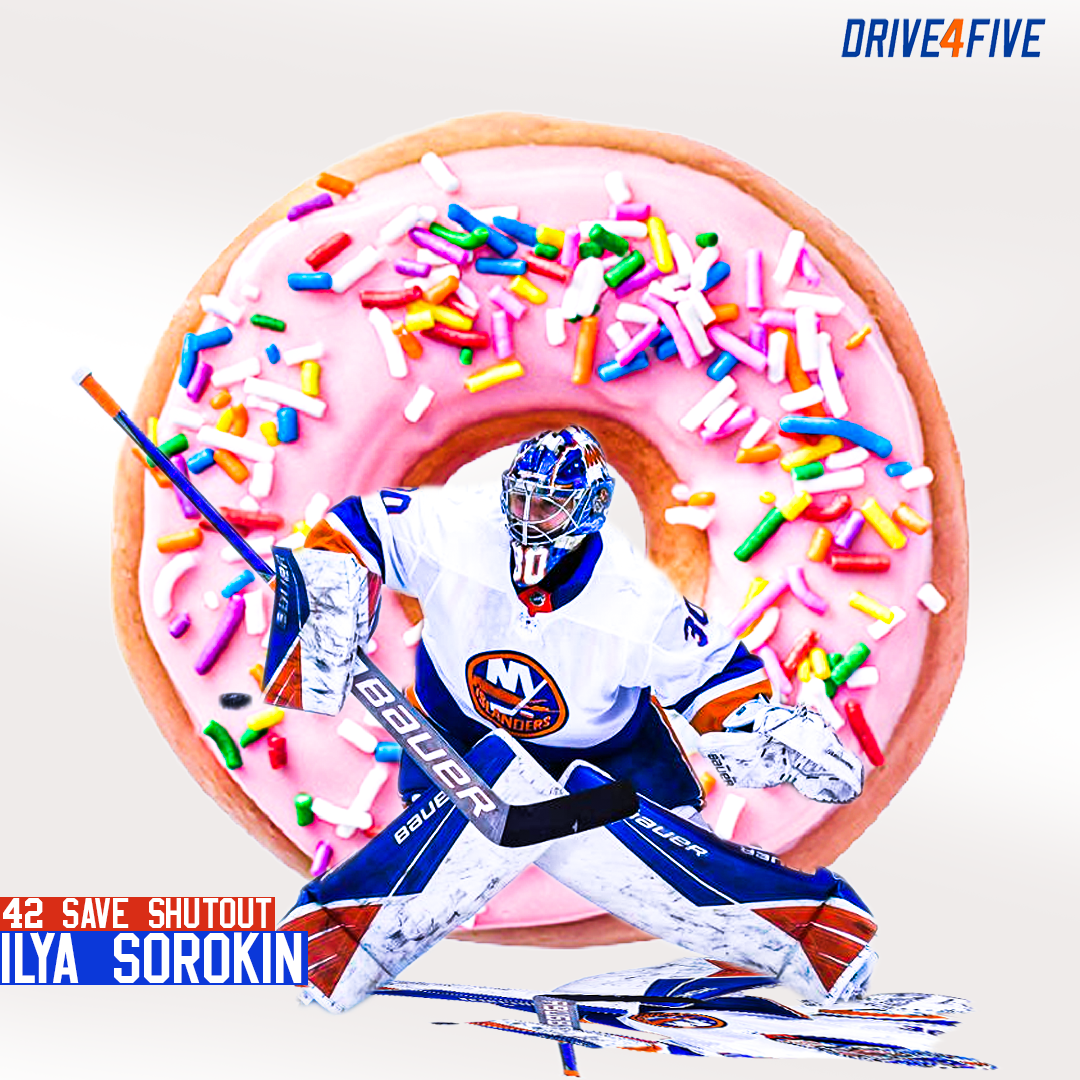 A decorated pink frosted donut with colorful sprinkles in front of a picture of NHL goalie Ilya Sorokin in full gear, with a team logo, and the text "42 SAVE SHUTOUT ILYA SOROKIN" layered on a red and blue banner in the bottom left corner.