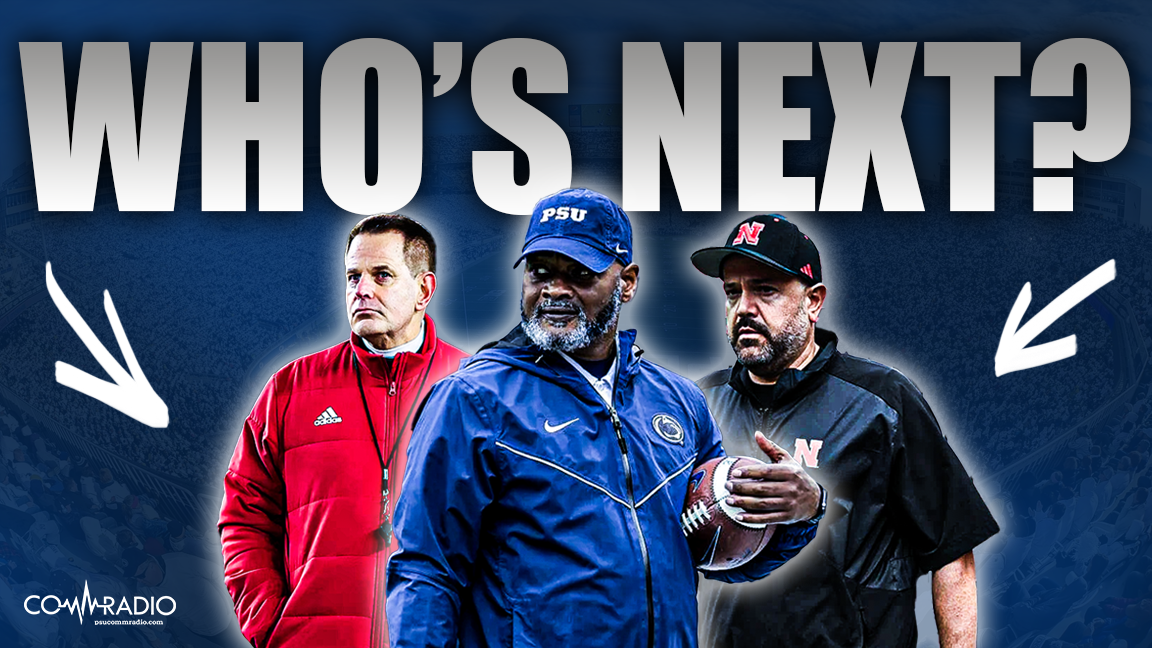 Three college football coaches standing under the text "Who’s Next?" with arrows pointing to each coach. The background features a stadium. The coaches are wearing team jackets and hats, holding a football.