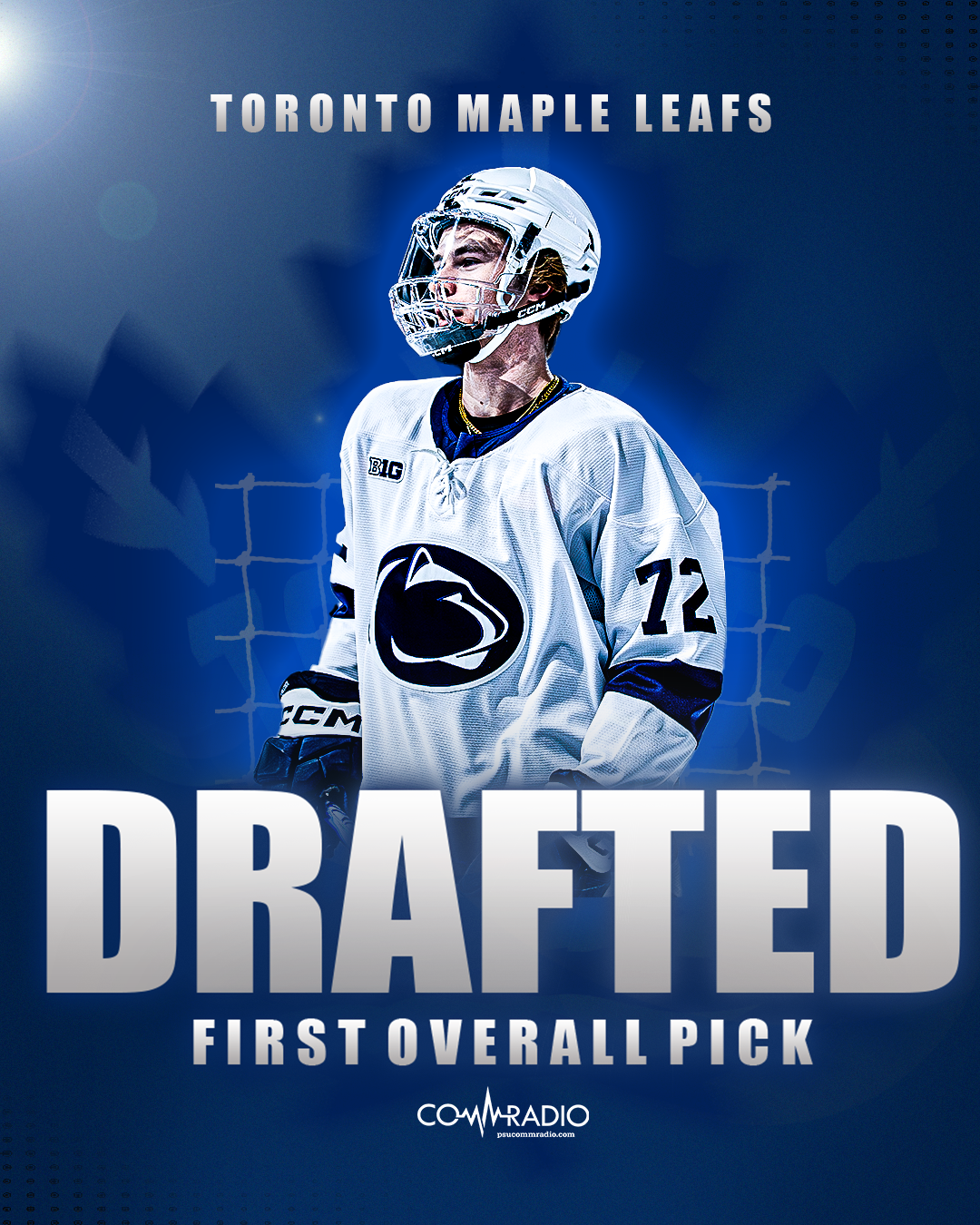 A hockey player in a white uniform with the number 12, wearing a helmet, standing in front of a net, with text indicating they are the Toronto Maple Leafs and that they are drafted first overall pick, on a blue background.