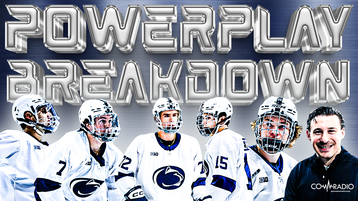 Image features the text 'PowerPlay Breakdown' in metallic, 3D-style font at the top. Below, five hockey players in white and blue uniforms and helmets, with a man in a black sweatshirt smiling, all in front of a blue background.