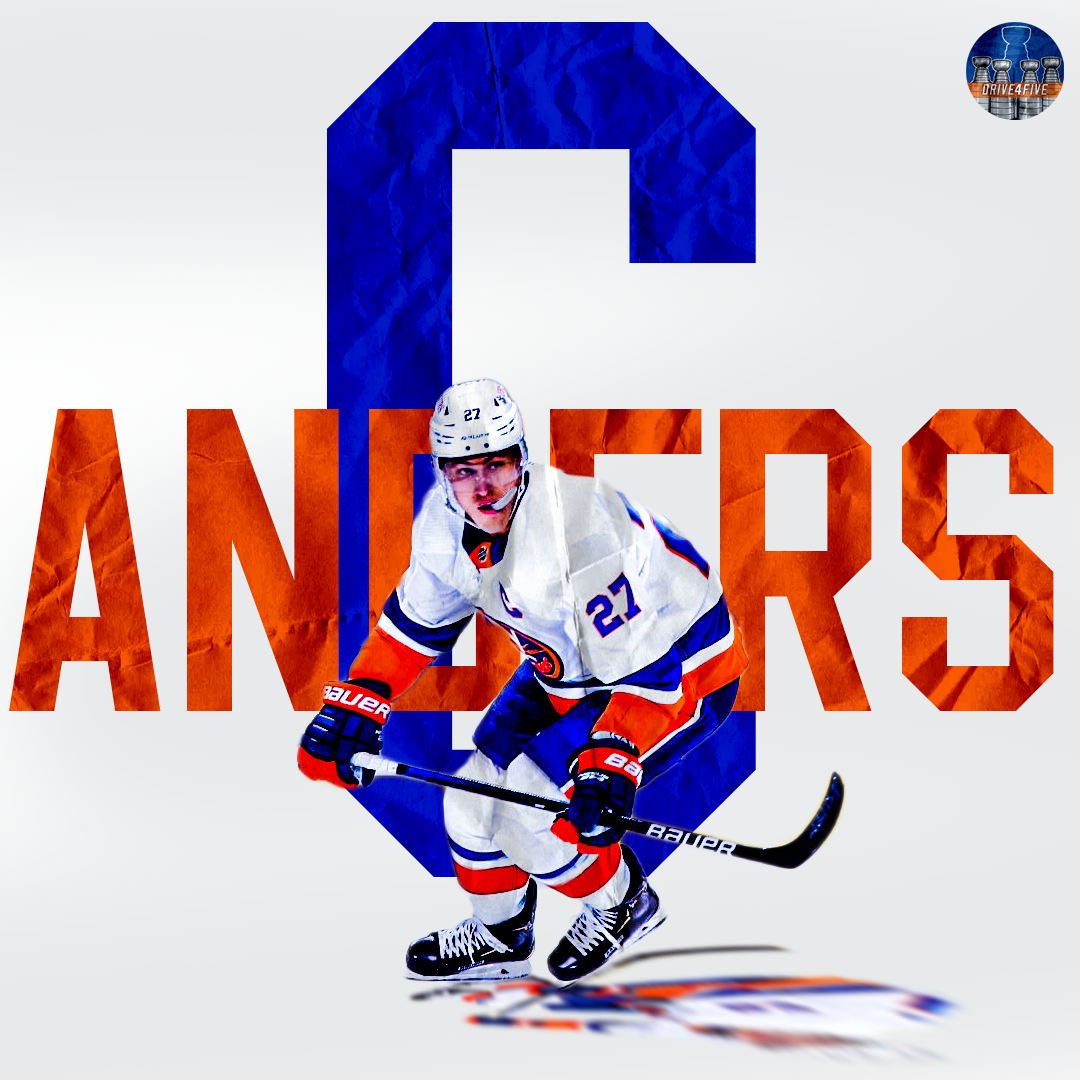 An hockey player wearing a white jersey with the number 27, skating on ice, with the words 'GO ANSWERS' in large orange and blue text behind him.