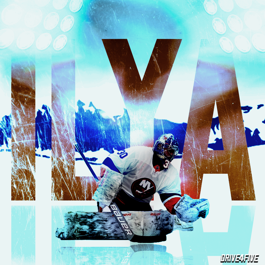 An ice hockey goalie in white and black gear crouches on the ice rink, with large black and brown letters spelling 'WW' in the background. The image has a blue and orange color overlay with bright highlights and a snowy scene behind the player.