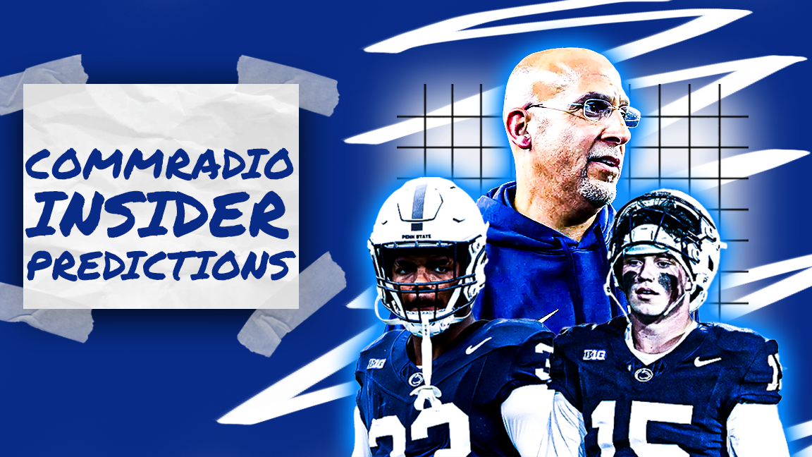 Graphic with text 'COMM RADIO INSIDER PREDICTIONS' on painter's tape, featuring a man with glasses and a shaved head in a blue hoodie, and two football players in black uniforms and helmets.