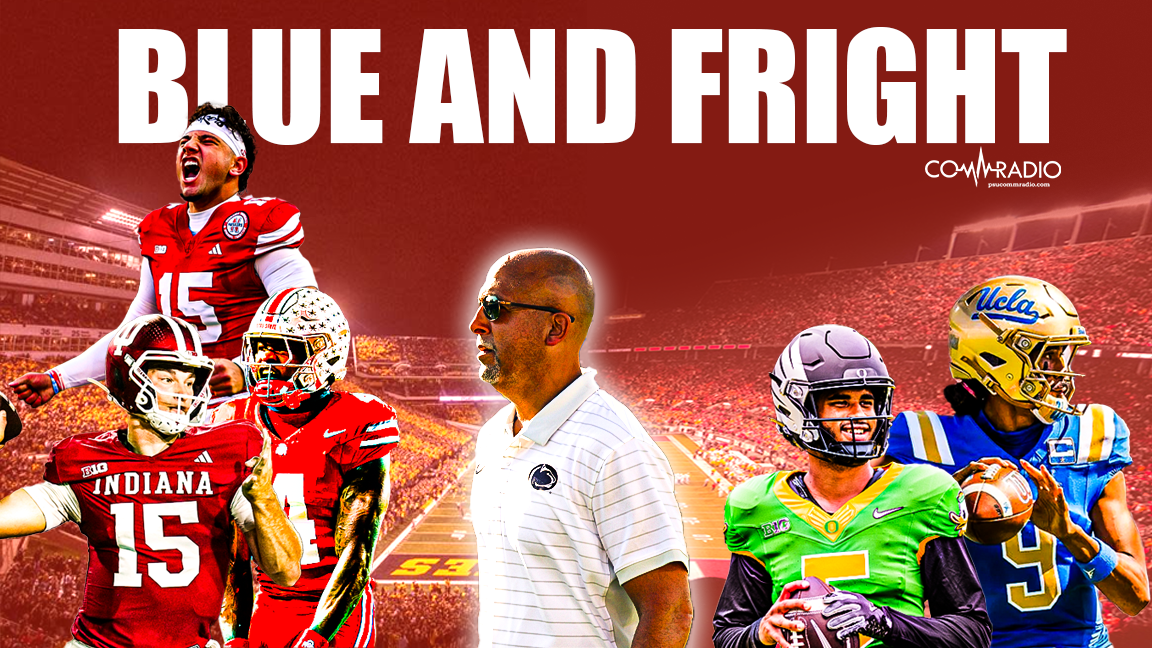 Collage of college football players and a coach in a stadium with the text "Blue and Fright" above.