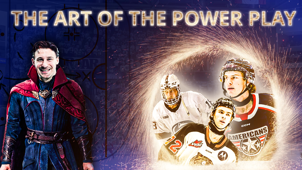 An advertisement for a sports event with the phrase "The Art of the Power Play." It features a smiling man dressed as a magician or wizard in a colorful costume on the left, and three ice hockey players on the right, with a hockey rink and audience i