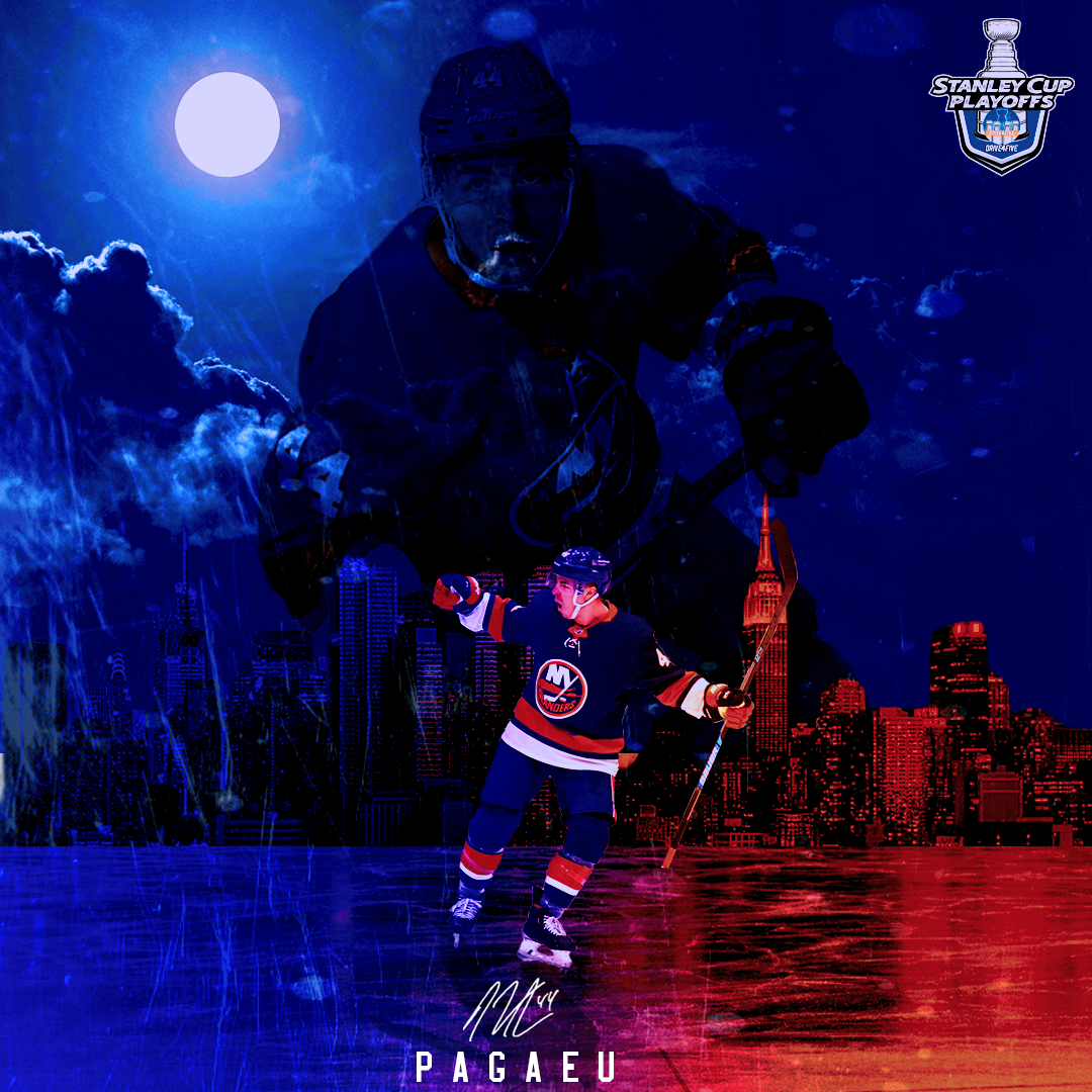 A hockey player in a New York Islanders uniform skating on an ice rink with a city skyline in the background, under a night sky with a full moon and clouds. The scene features a large, semi-transparent image of a hockey player overlaid on the night s