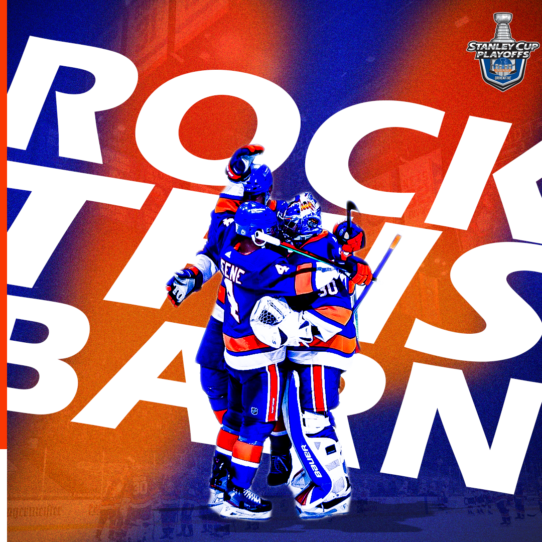 Hockey players celebrating on ice with text "Rock the Bank" and a Stanley Cup Playoffs logo in the top right corner.