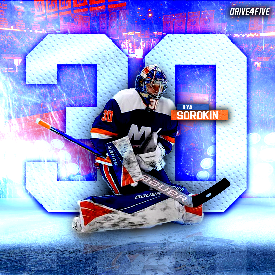 Hockey goalie in position on the ice, wearing a New York Islanders uniform with the number 30, in front of a large stylized number 30 and the text 'ILY SOROKIN'. The background features an ice rink and arena lighting with a digital score clock.