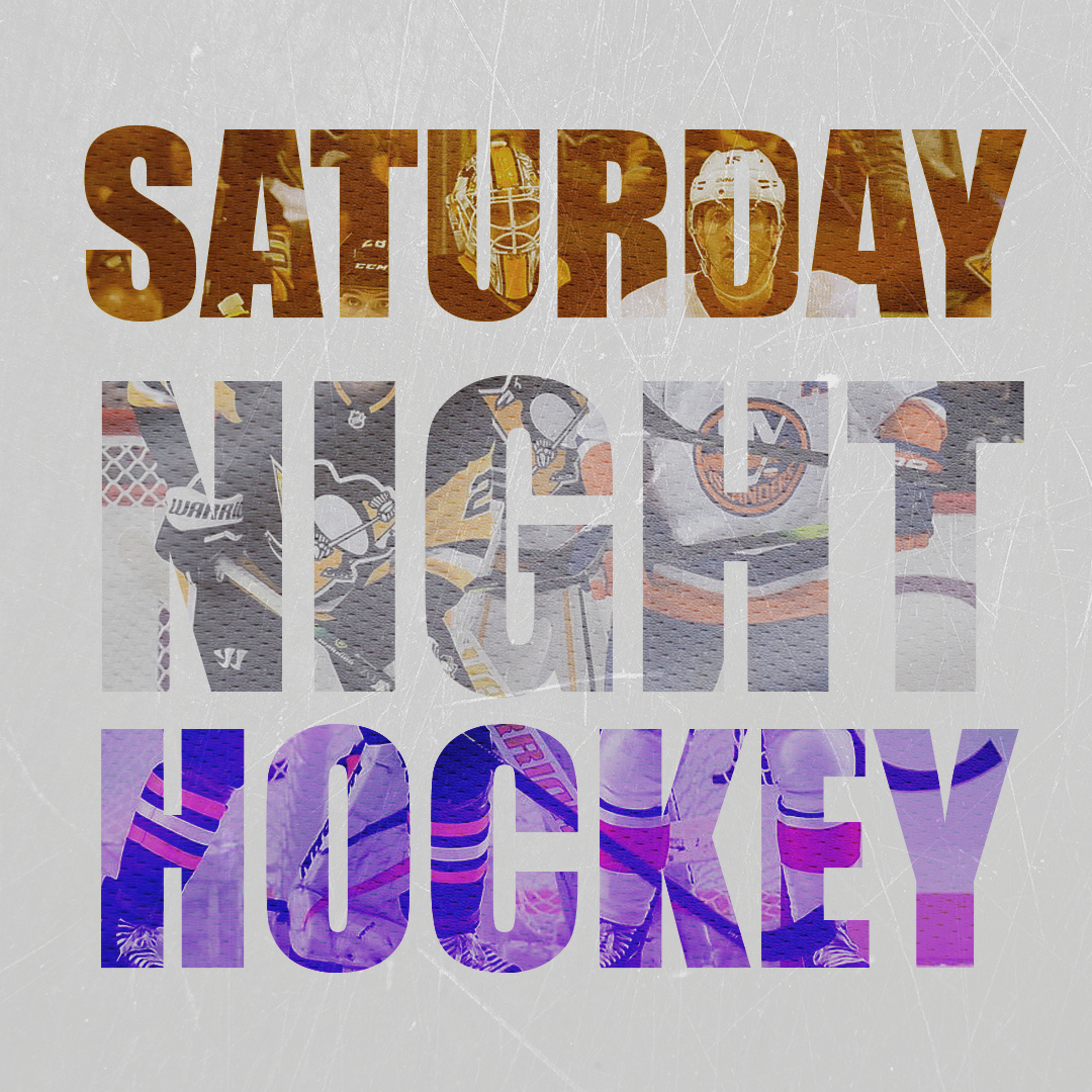 Text saying 'Saturday Night Hockey' with an interior background of hockey players on ice, seen through the text.