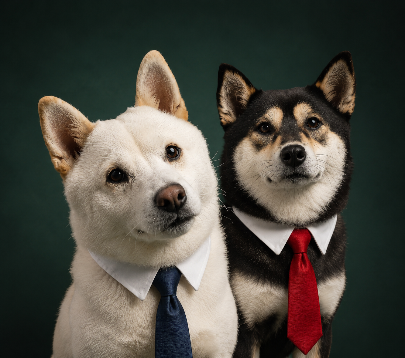 Dos perros de razas husky con mascotas con corbatas, uno blanco con corbata azul y uno negro y beige con corbata roja, en un fondo oscuro.