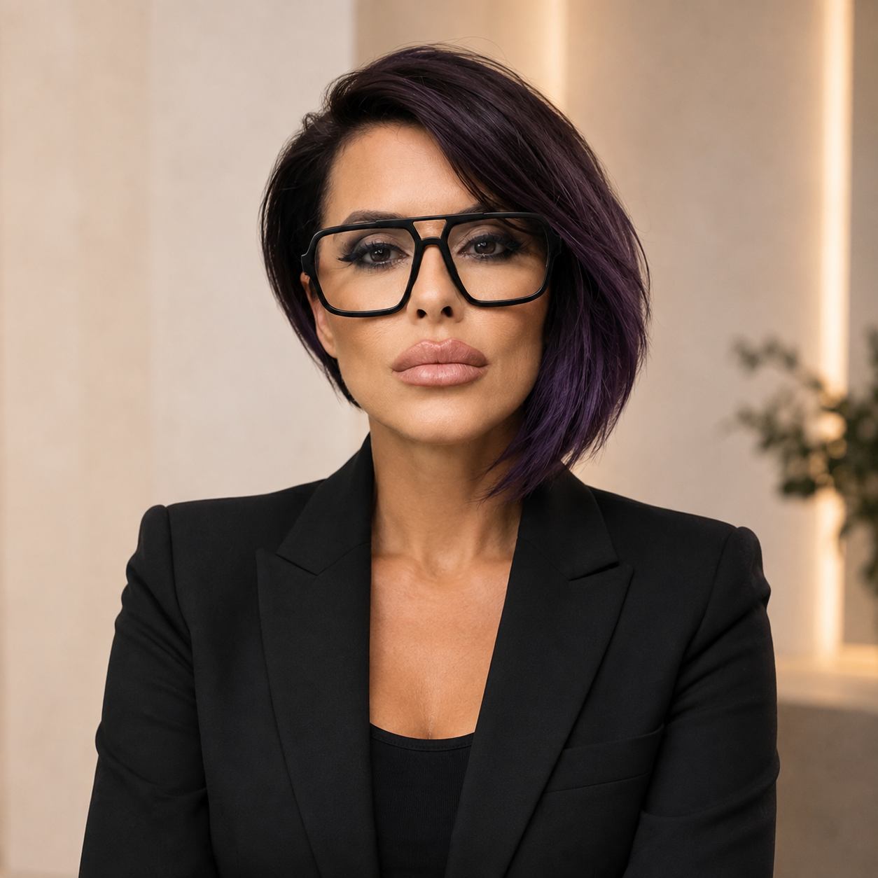 Mujer con cabello púrpura y corte asimétrico, usan gafas grandes y chaqueta negra, mirando hacia la cámara en un interior con fondo neutro.