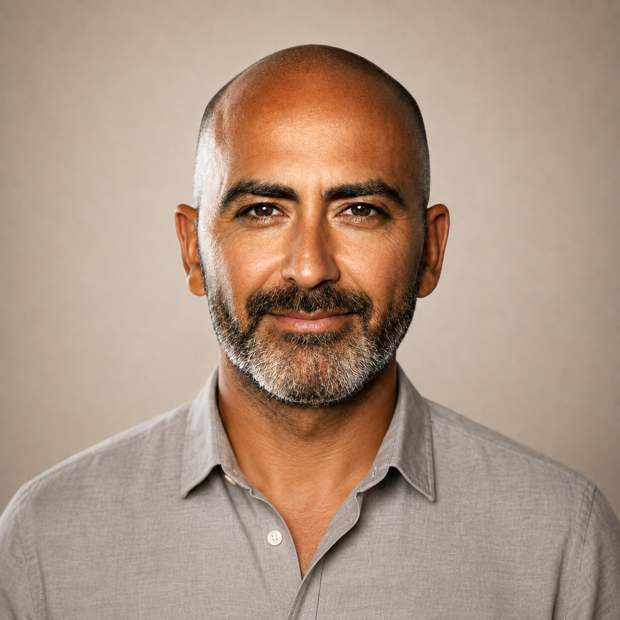 Hombre calvo de barba gris sonriendo, vestido con camisa gris claro, fondo neutro.