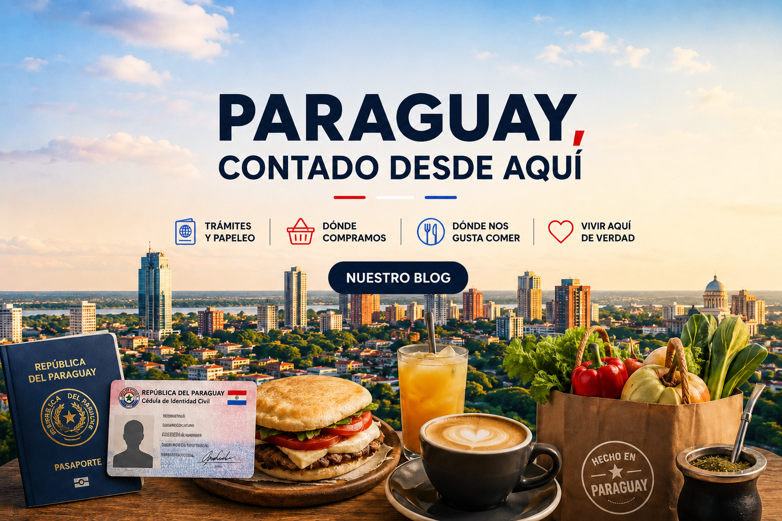 Descripción del contenido en una vista panorámica de la ciudad de Asunción, Paraguay, durante el día, con un café, un sándwich, un jugo y una canasta de vegetales en primer plano, junto con un pasaporte y una cédula de identidad en una mesa de madera.