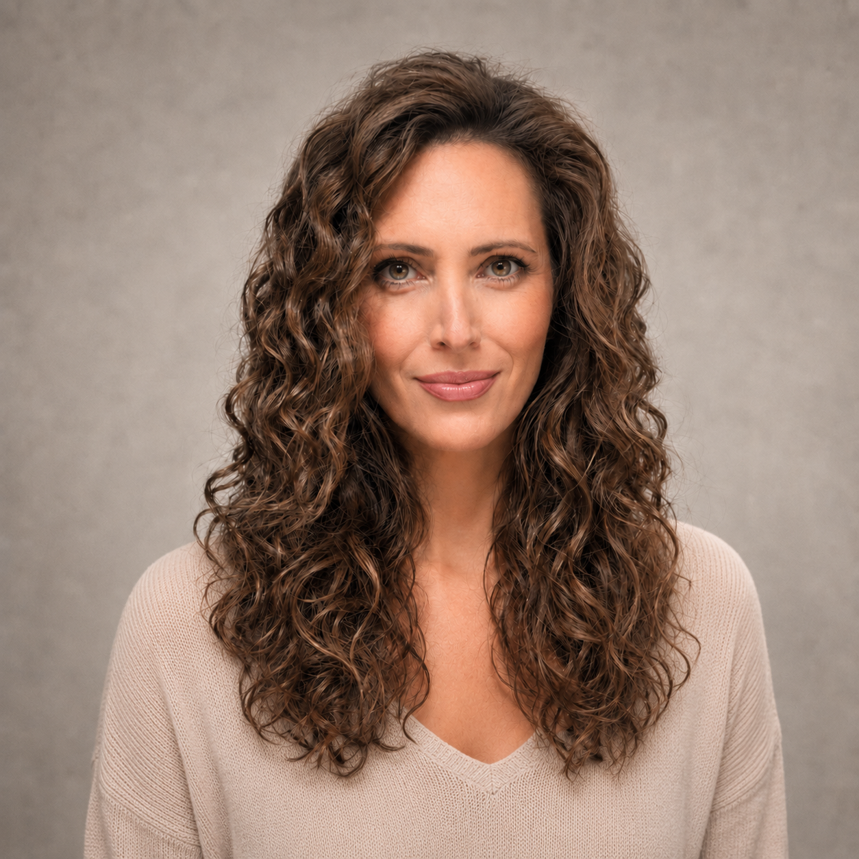 Retrato de una mujer con cabello rizado y moreno, piel clara, usando un suéter beige, mirando a la cámara con expresión tranquila y sonrisa suave, fondo gris claro.