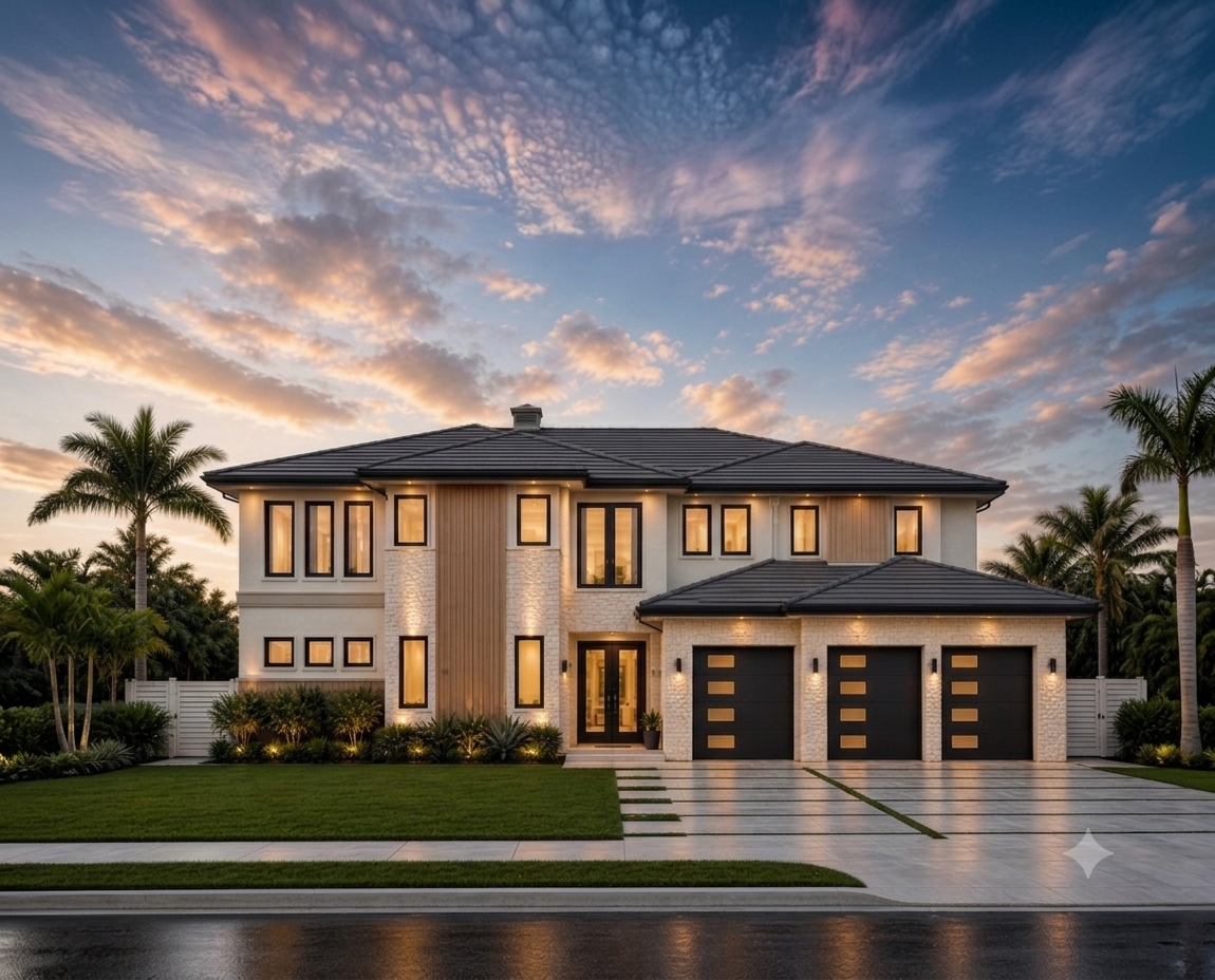 Modern two-story house with a landscaped front yard at sunset, featuring a three-car garage, wooden accents, tall narrow windows, palm trees, and exterior lighting.