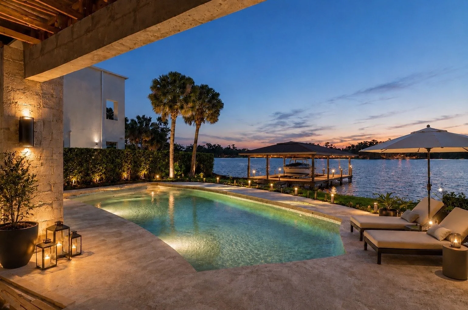 A luxurious backyard with a swimming pool, surrounded by potted plants, lit lanterns, and lounge chairs with pillows. In the background, there's a river with a boat dock. The scene is set during sunset with a colorful sky and ambient lighting.