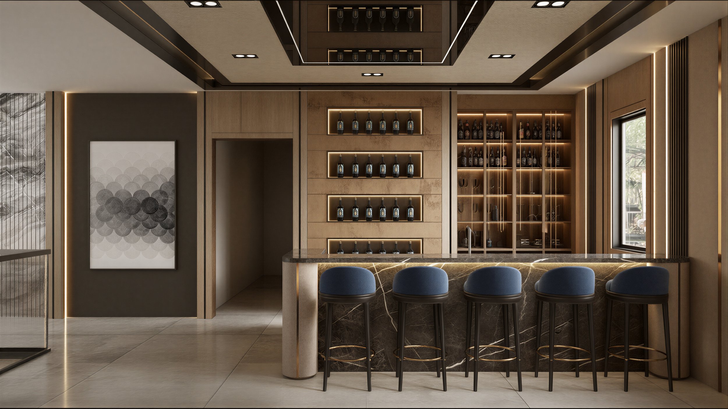 Modern bar with a marble counter and six blue barstools, wooden shelves with bottles of alcohol and glasses, large windows, and contemporary decor.