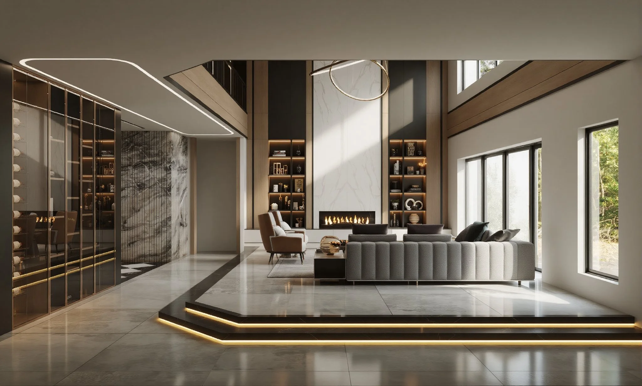 Modern living room with a gray sectional sofa, armchair, fireplace, and built-in shelves with decorative items, illuminated with natural light from large windows.