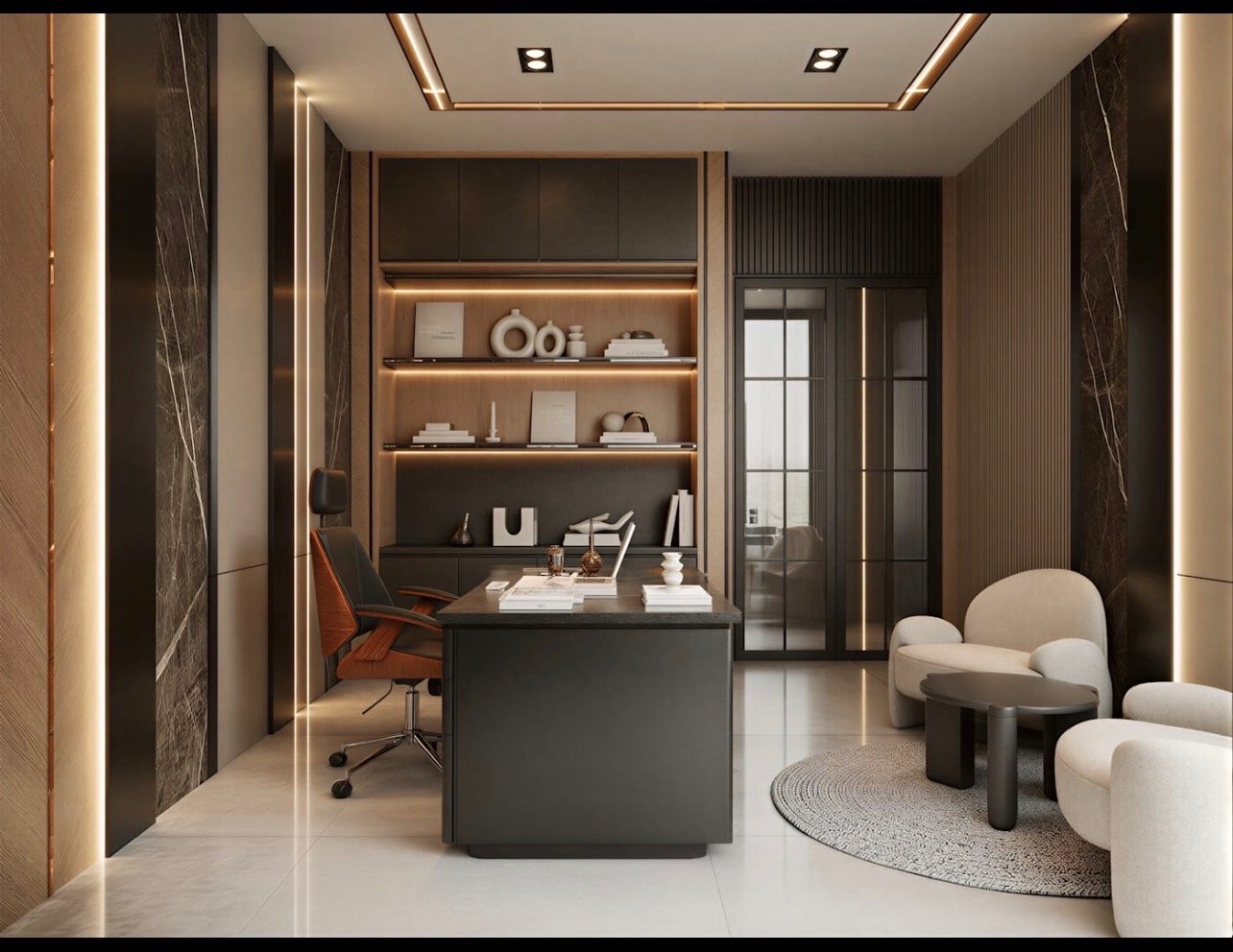 Modern office with dark wood accents, a black desk, orange and black swivel chair, white shelves with contemporary decorative objects, gray seating area with ottoman and circular rug, and glass cabinets.